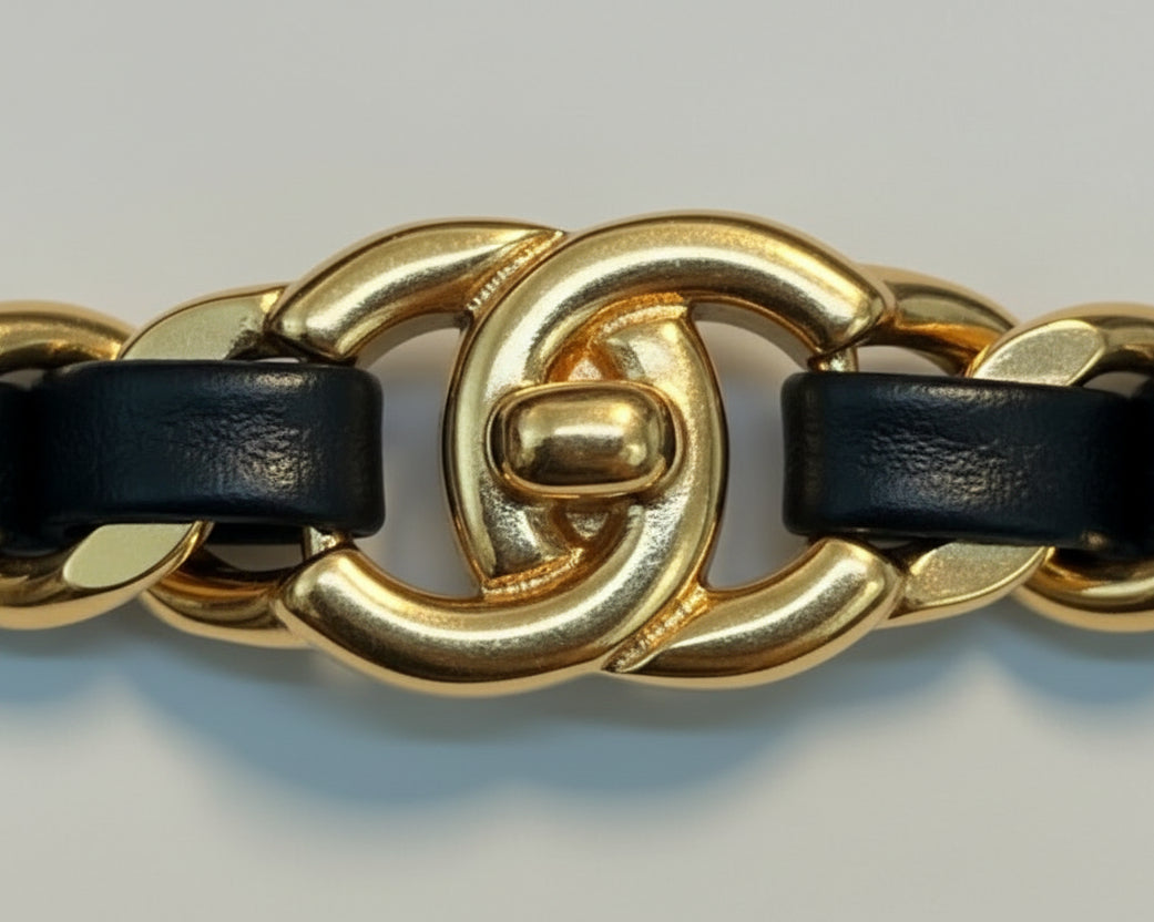 35- Gold and Black Faux Leather Bracelet