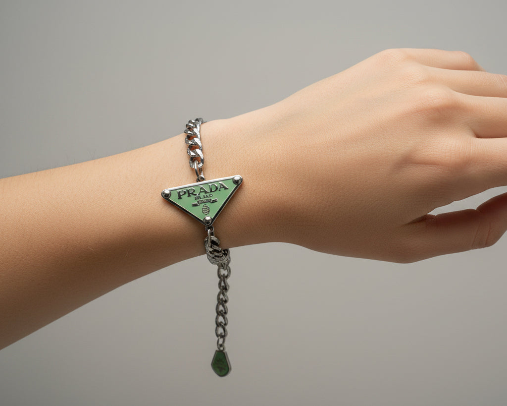 77 - Upcycled Silver Mint Green Triangle Pendant Bracelet