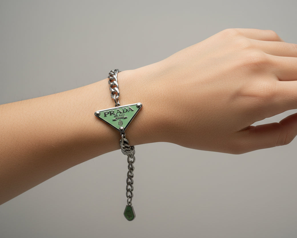 77 - Upcycled Silver Mint Green Triangle Pendant Bracelet