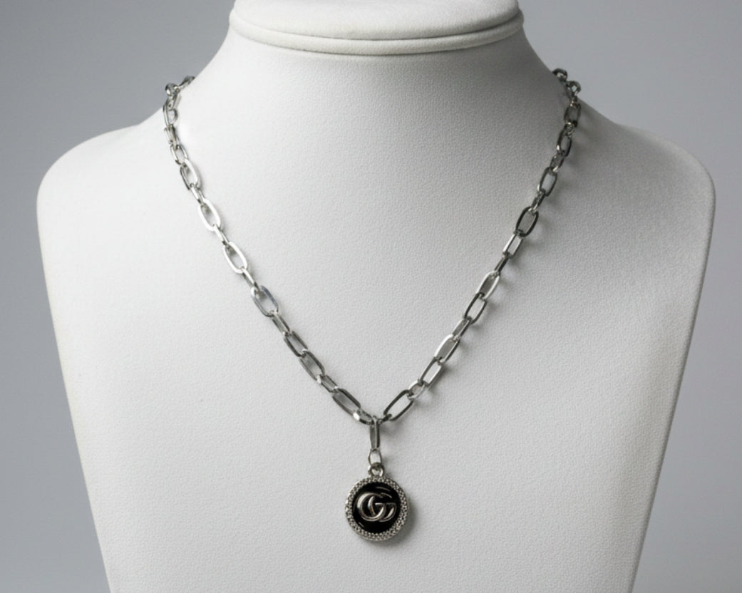 259 - Upcycled Silver Black Circle Pendant Necklace