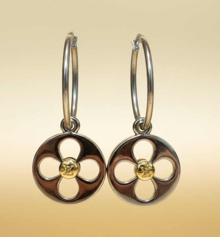 483 - Upcycled Silver Flower Pendant Hoop Earrings with Dangle