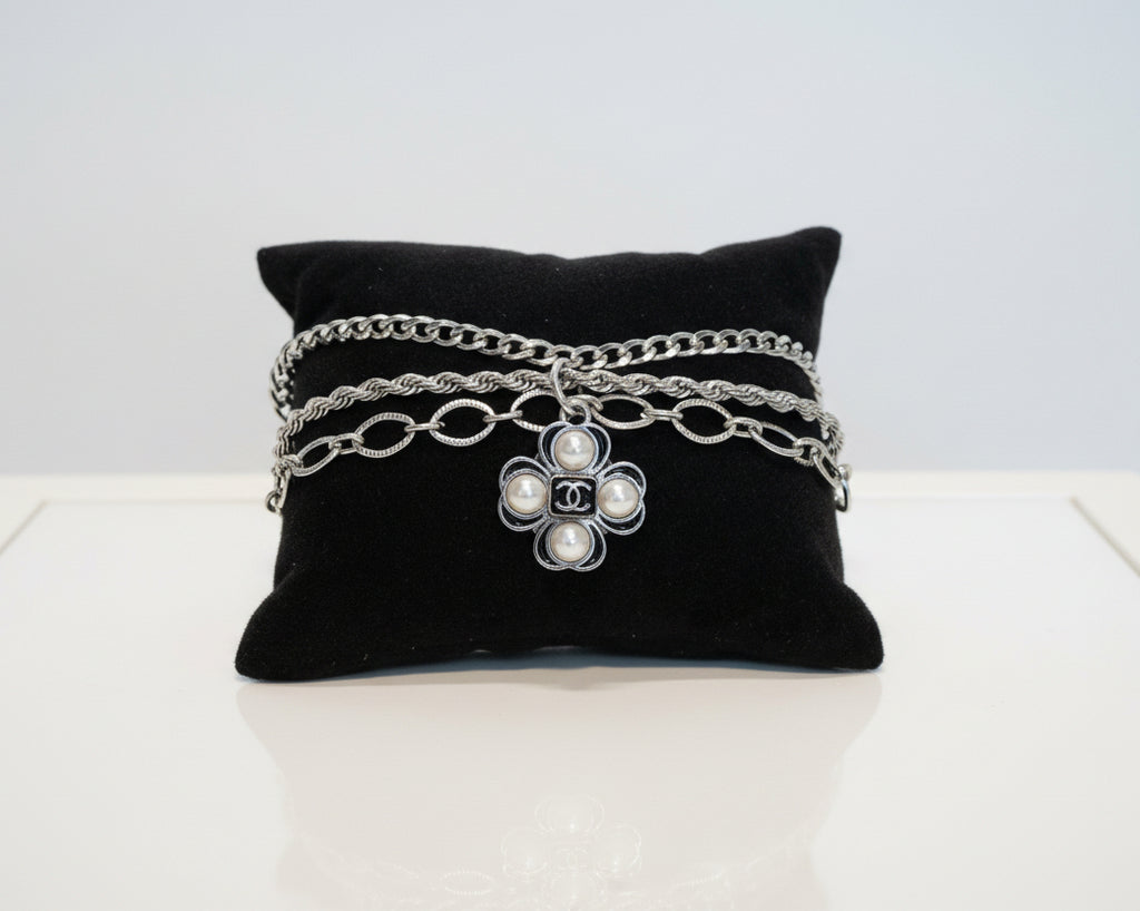20 - Upcycled Silver Triple Chain Pearl Clover Bracelet