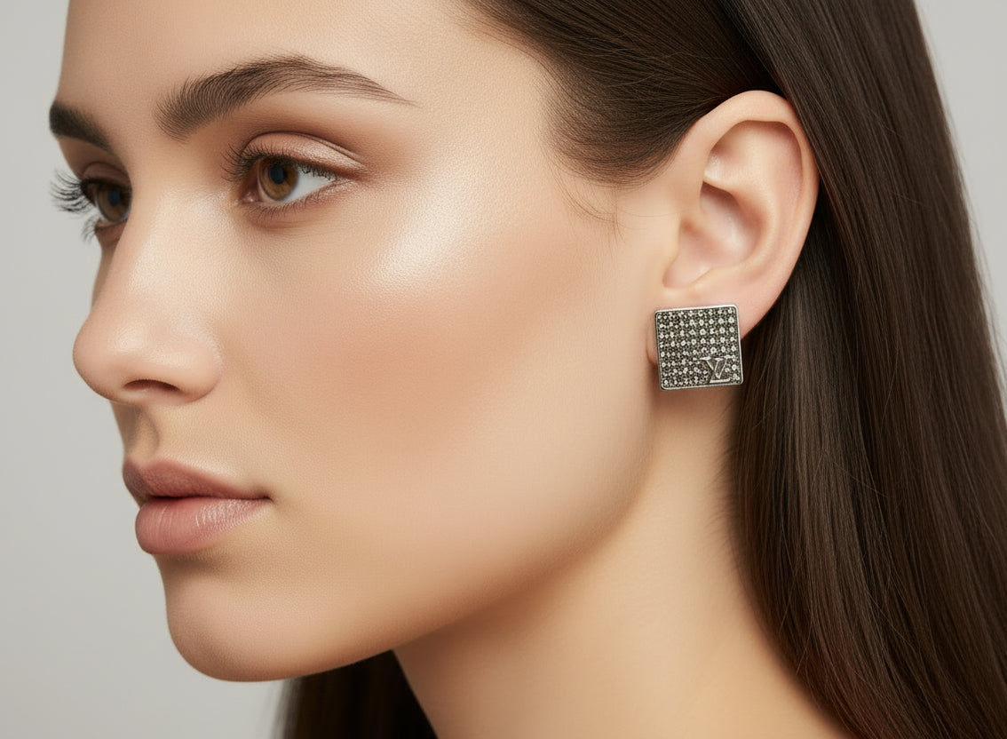 492 - Upcycle Silver Square Pendant Earrings with Clear Rhinestones