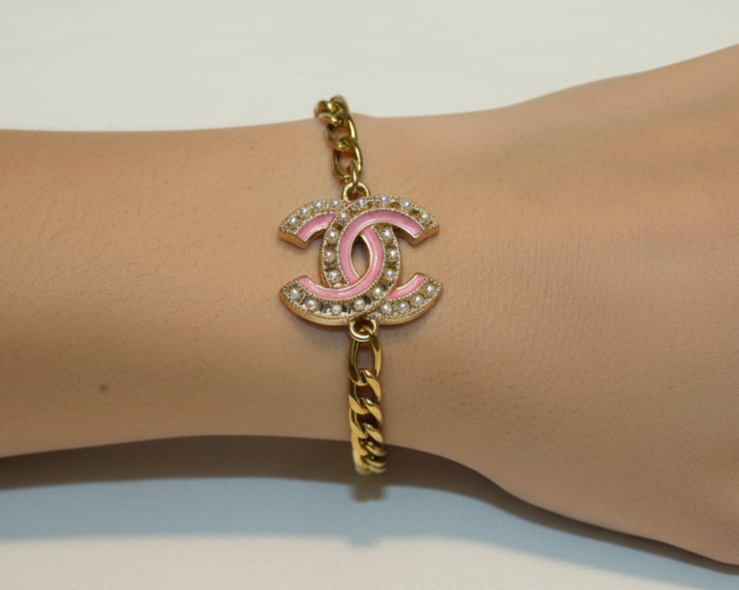 55- Upcycled Gold Bracelet with Pink and Pearl Pendant