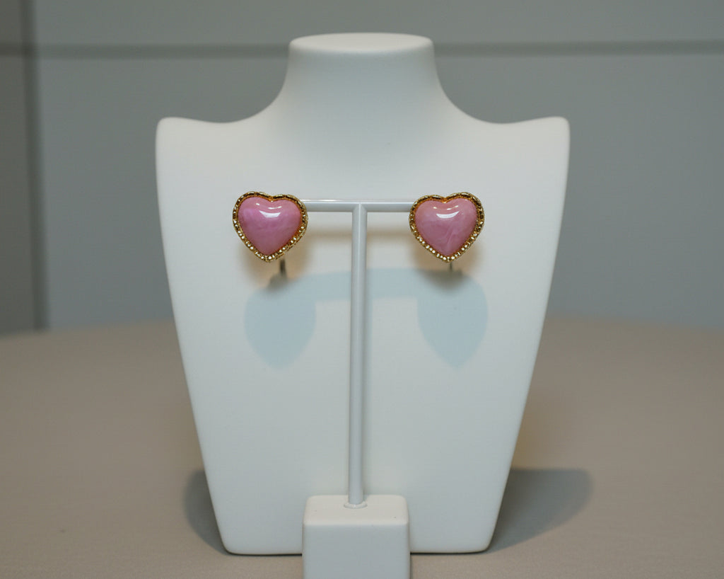 416- Upcycled Pink Heart Earrings with Gold Trim