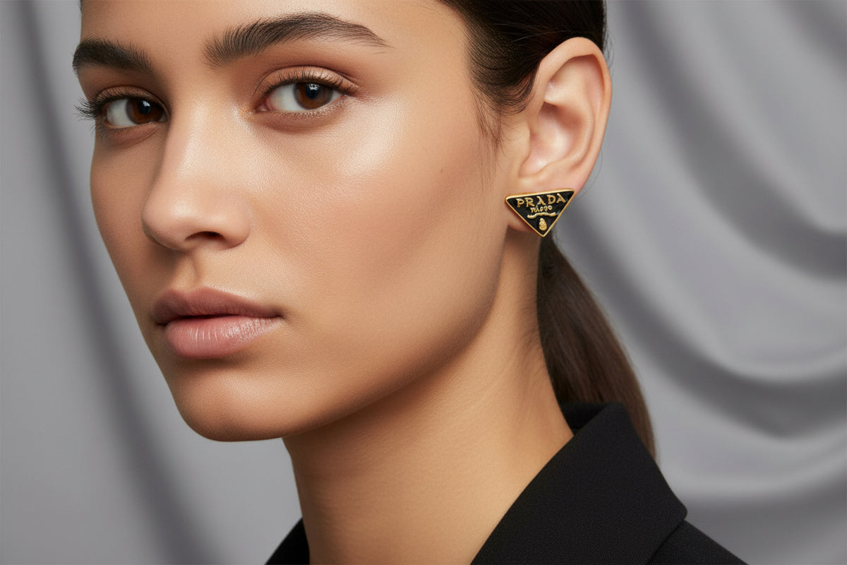 460 - Upcycled Gold Black Triangle Earrings