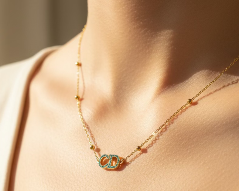 155- Upcycled Blue Rhinestone Pendant Necklace