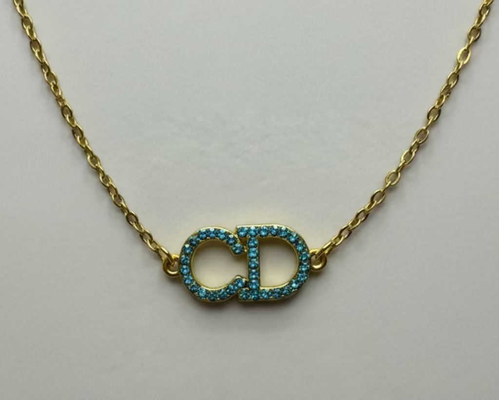 155- Upcycled Blue Rhinestone Pendant Necklace