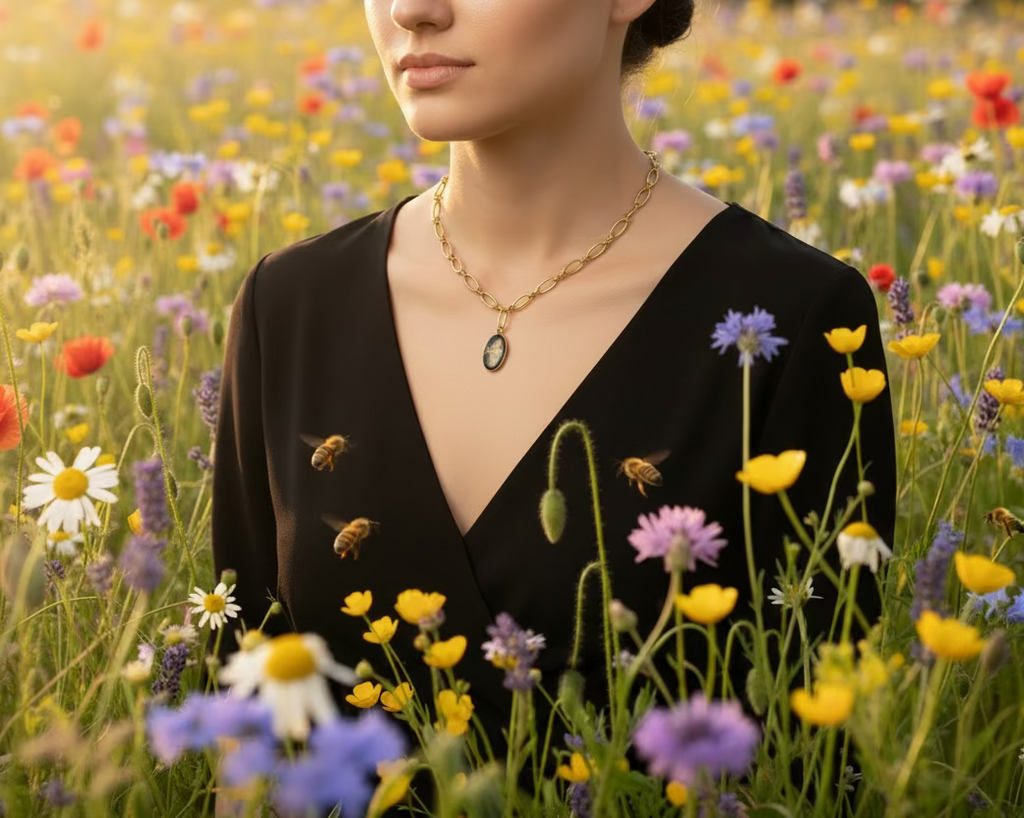 202- Upcycled Black Bee Pendant Necklace