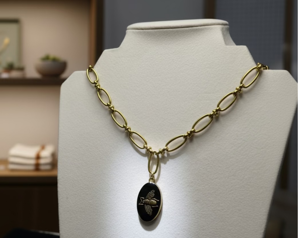 202- Upcycled Black Bee Pendant Necklace