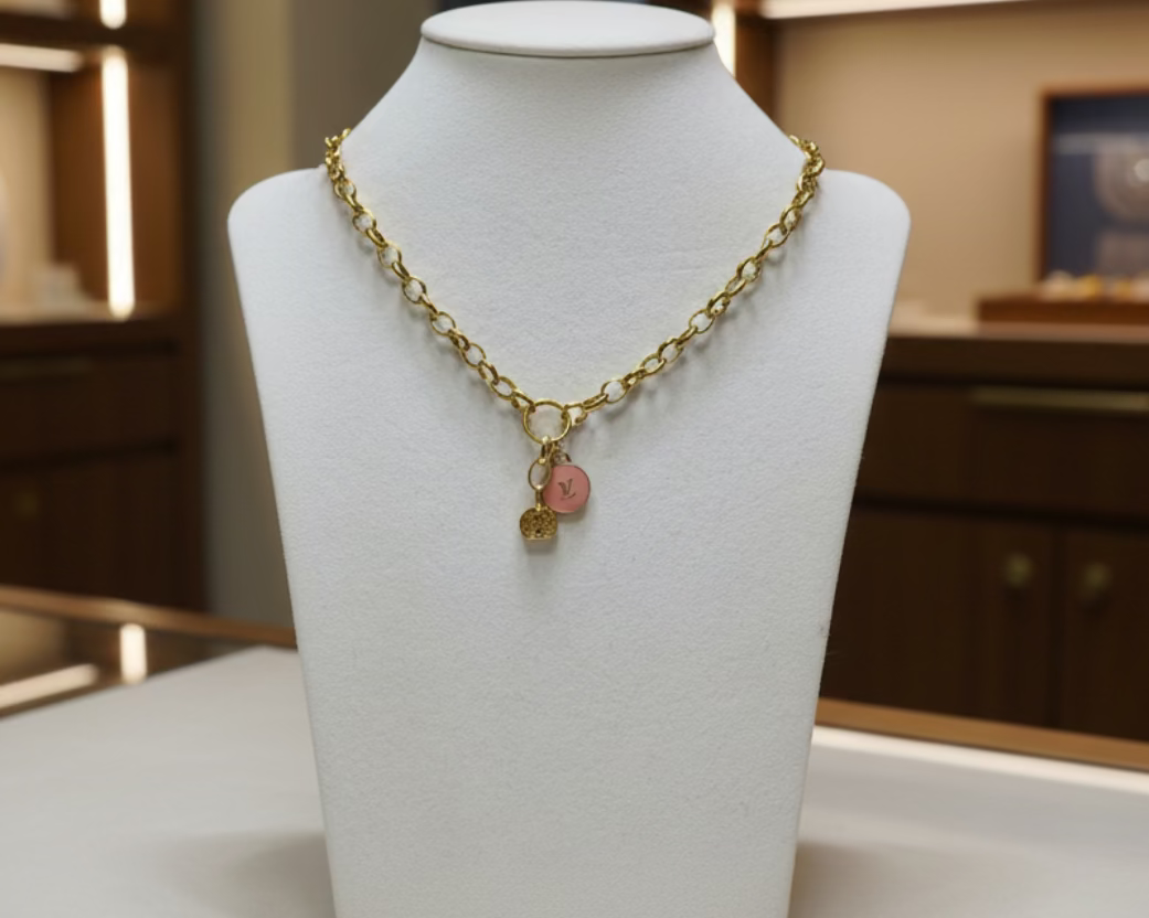 107- Upcycled Pink charm and Gold Pendant Necklace