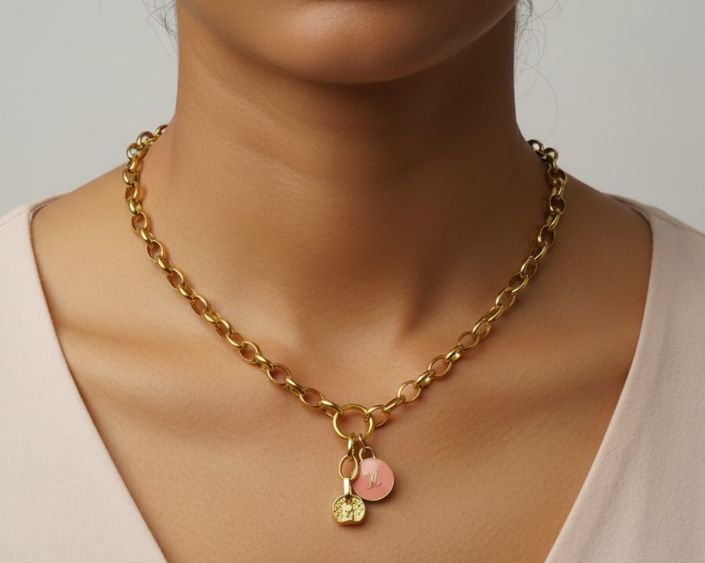 107- Upcycled Pink charm and Gold Pendant Necklace