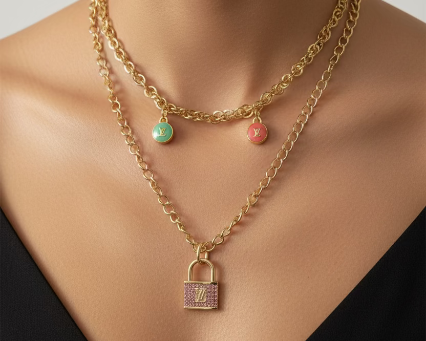 185- Upcycled Lock with a Green and Pink charm Necklace