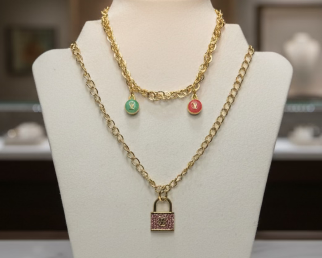 185- Upcycled Lock with a Green and Pink charm Necklace