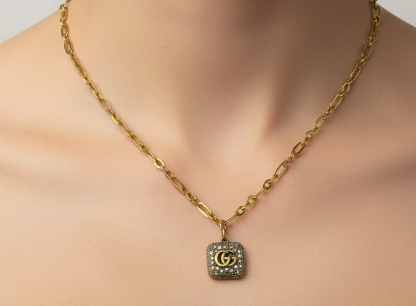 197- Upcycled Gold Square Pendant Necklace