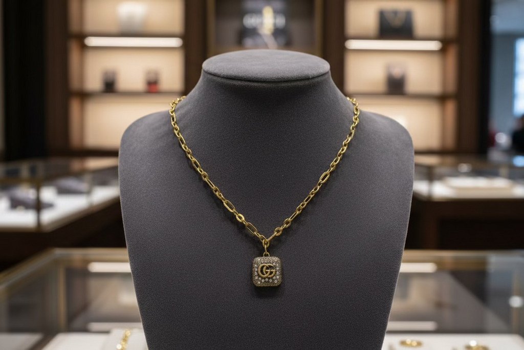 197- Upcycled Gold Square Pendant Necklace