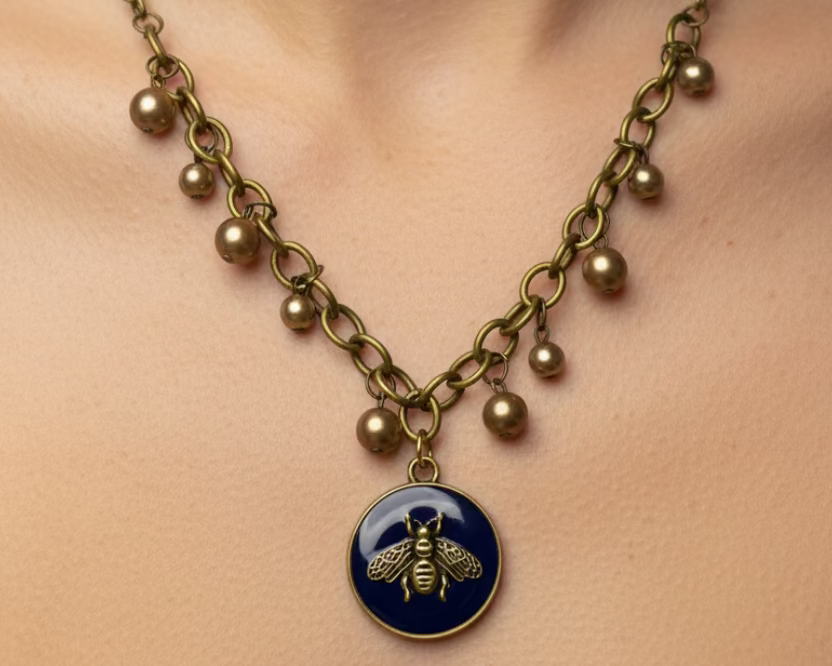 207- Upcycled Blue Bee Pendant Necklace