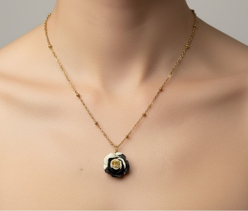 225- Upcycle Black and White Flower Pendant Necklace