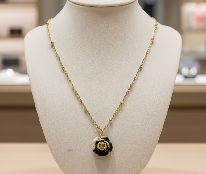 225- Upcycle Black and White Flower Pendant Necklace
