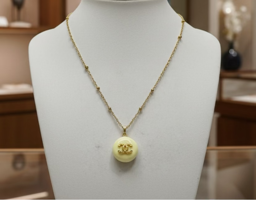 231- Upcycled Cream Round Pendant Necklace
