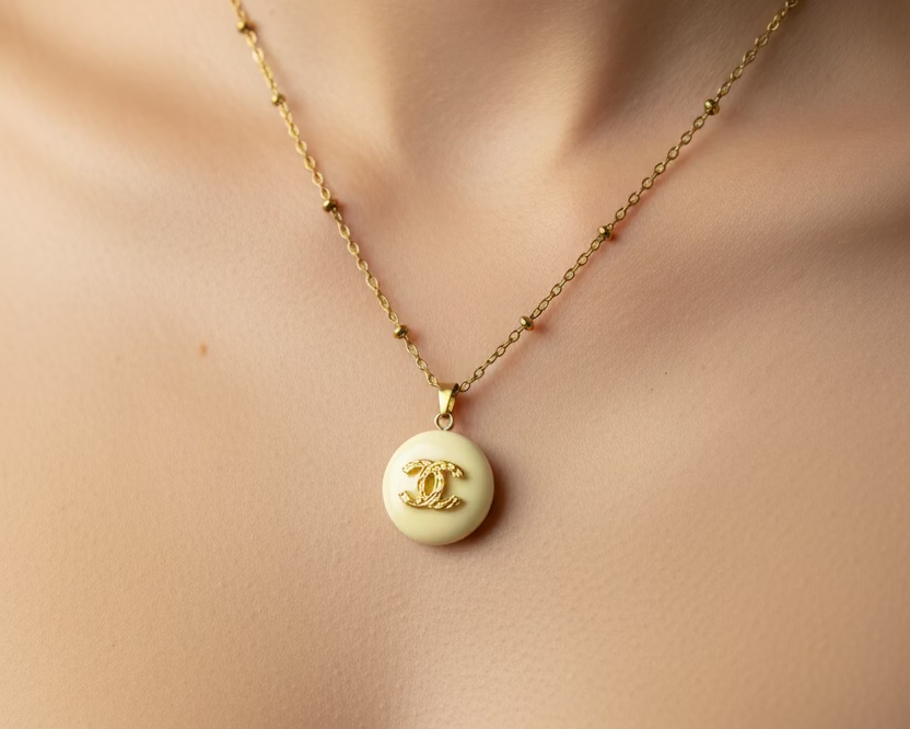 231- Upcycled Cream Round Pendant Necklace
