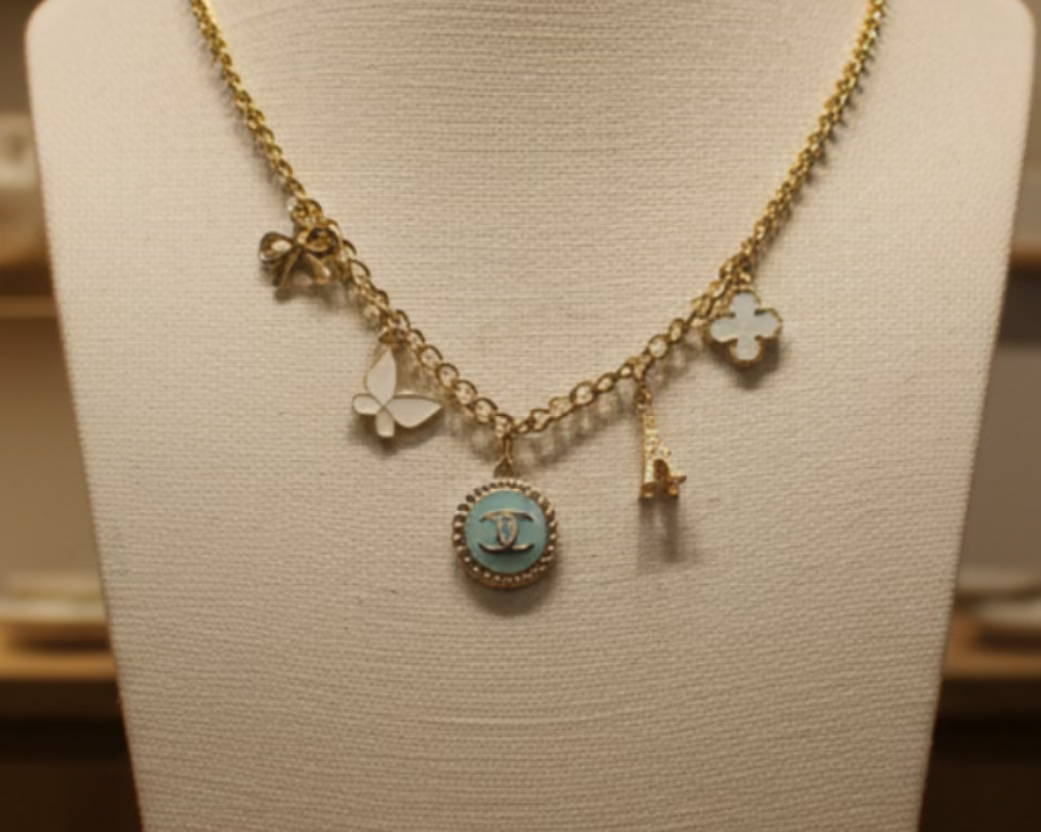 232- Upcycled Blue Pendant and multi Charm Necklace