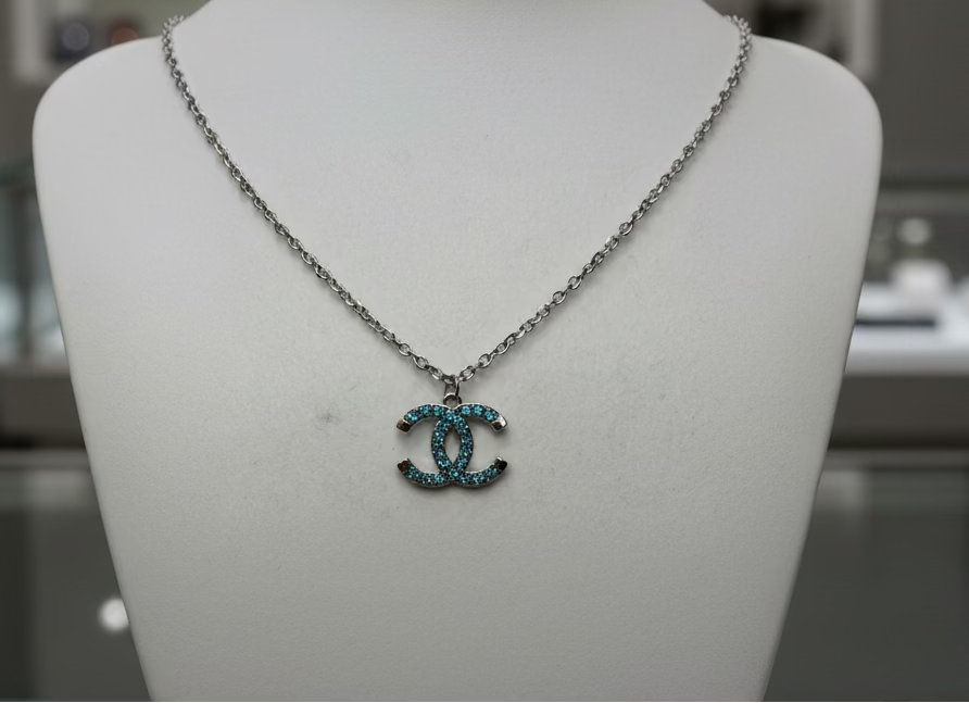 237- Upcycled Blue Rhinestone Pendant Necklace