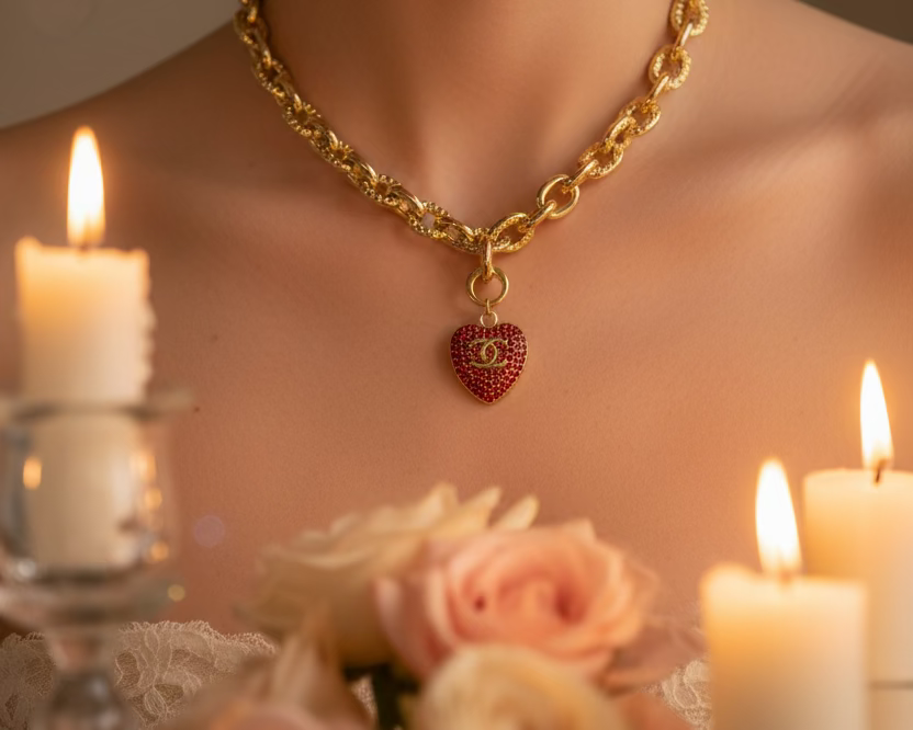 240- Upcycled Red and Gold Heart Pendant Necklace