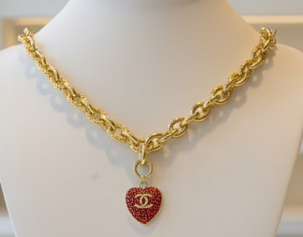240- Upcycled Red and Gold Heart Pendant Necklace