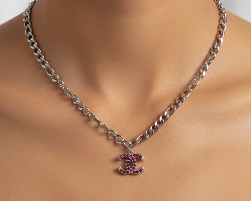 242- Upcycled Fuchsia Rhinestone Pendant Necklace