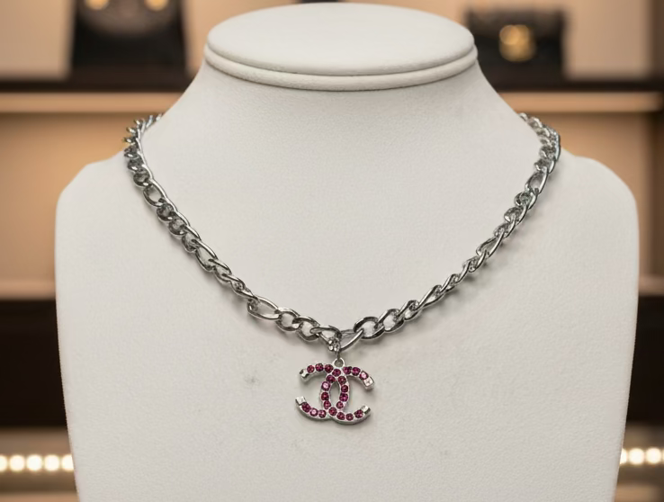 242- Upcycled Fuchsia Rhinestone Pendant Necklace
