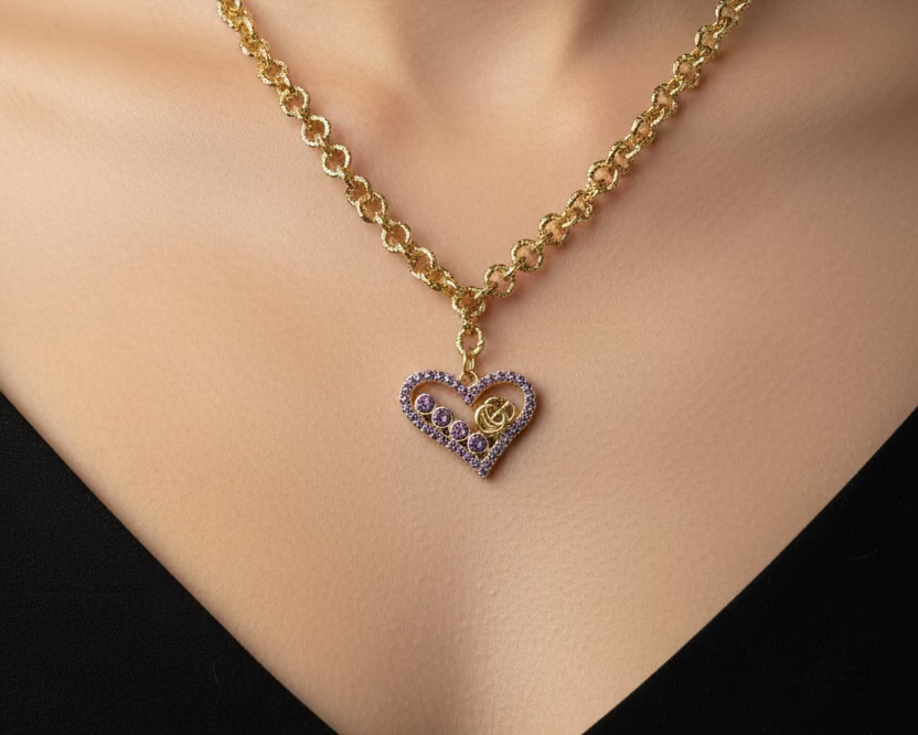 244- Upcycled Purple Rhinestone Heart Pendant Necklace