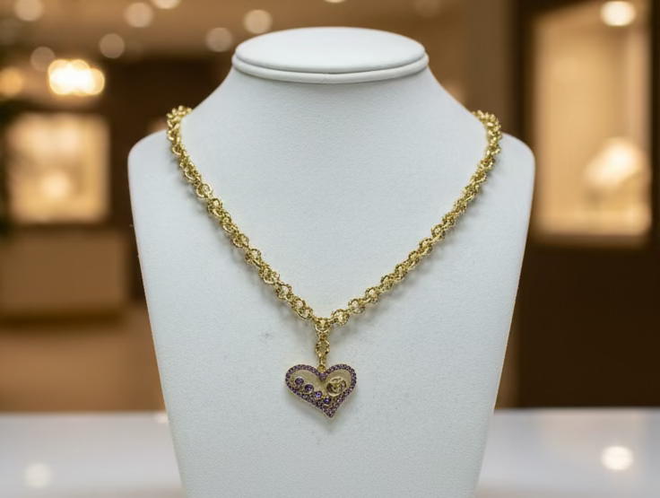 244- Upcycled Purple Rhinestone Heart Pendant Necklace
