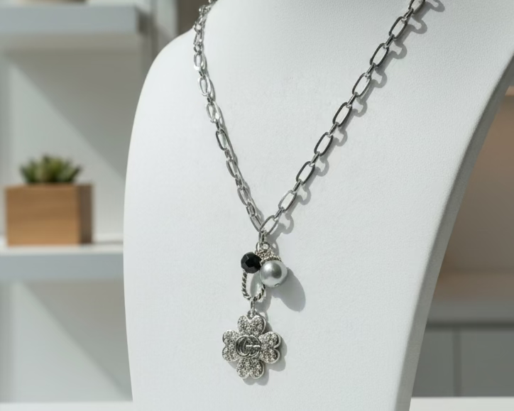 245- Upcycled Silver Clover Pendant Necklace