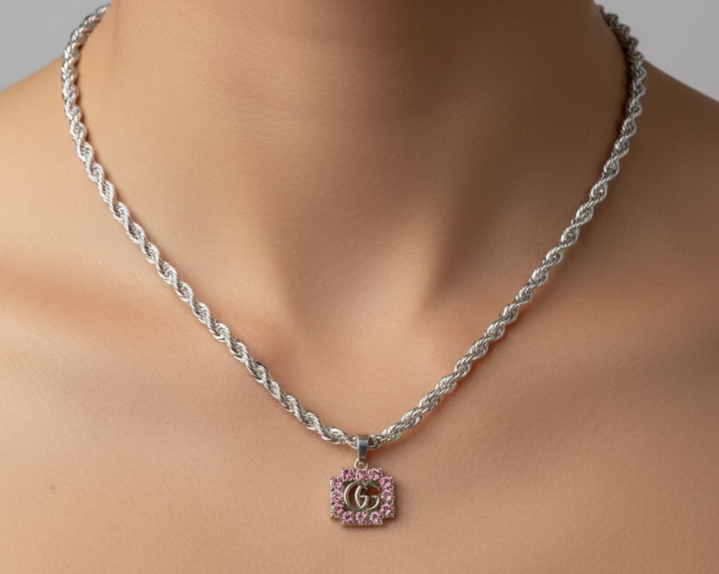 247- Upcycled Pink Rhinestone Pendant Necklace