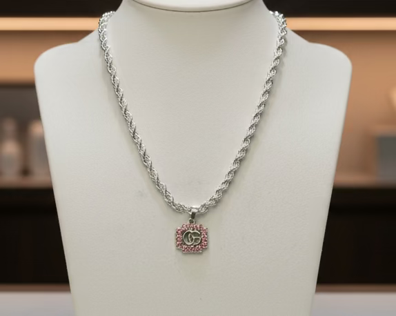 247- Upcycled Pink Rhinestone Pendant Necklace