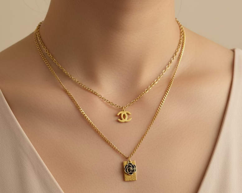 248- Upcycle Black Flower with Gold Charm Accent Necklace