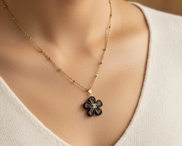250- Upcycled Black Flower Pendant Necklace