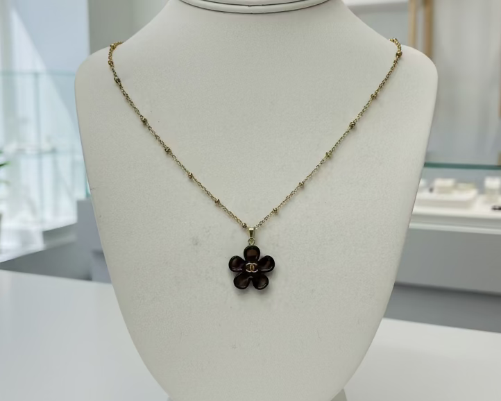 250- Upcycled Black Flower Pendant Necklace